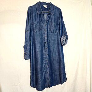 Soft Surroundings Women's Button Front Roll Tab Sleeve Denim Shirt Dress Size S